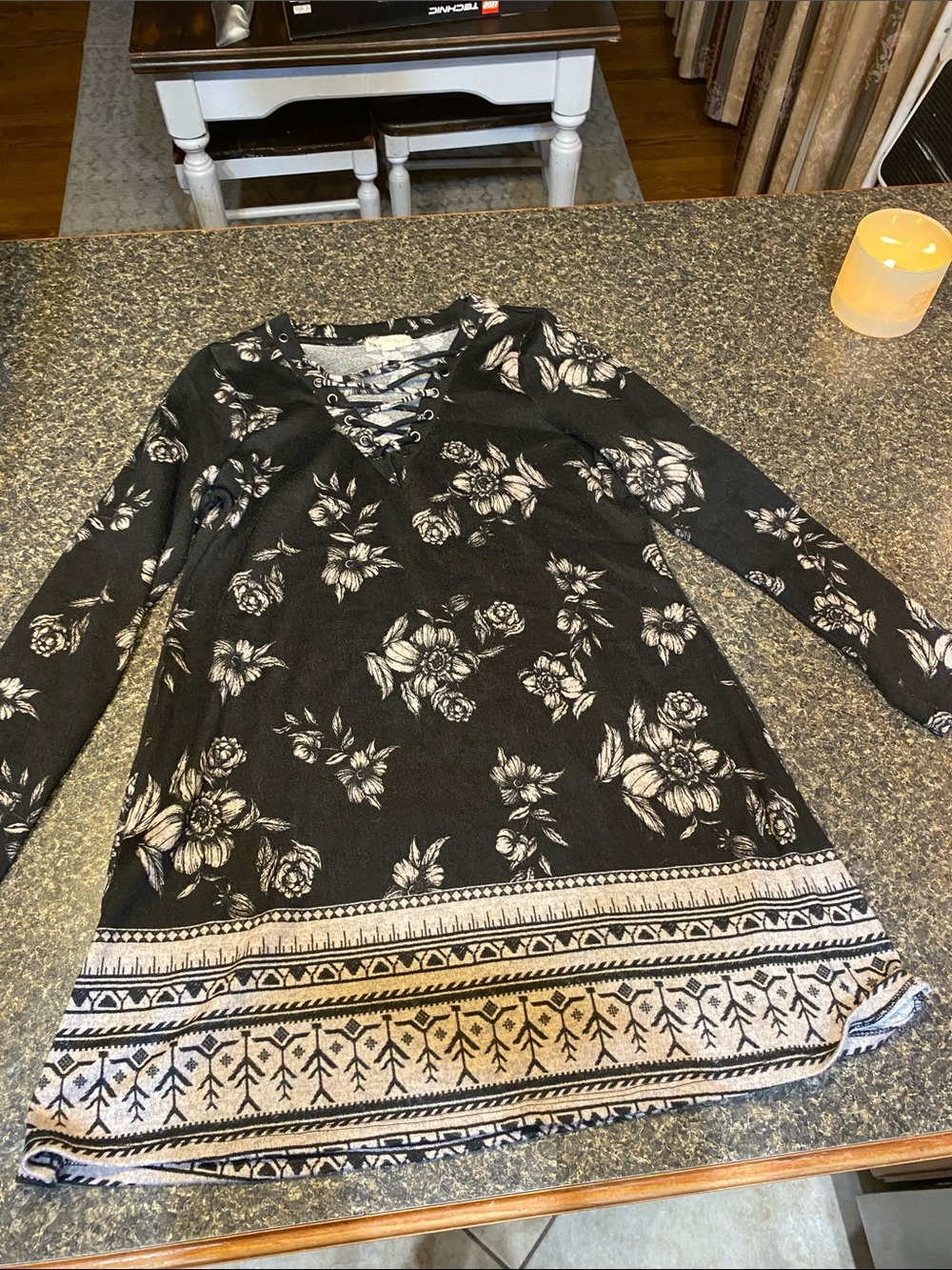 About A Girl Black Floral Lace-Up Tunic Dress with Cream Border